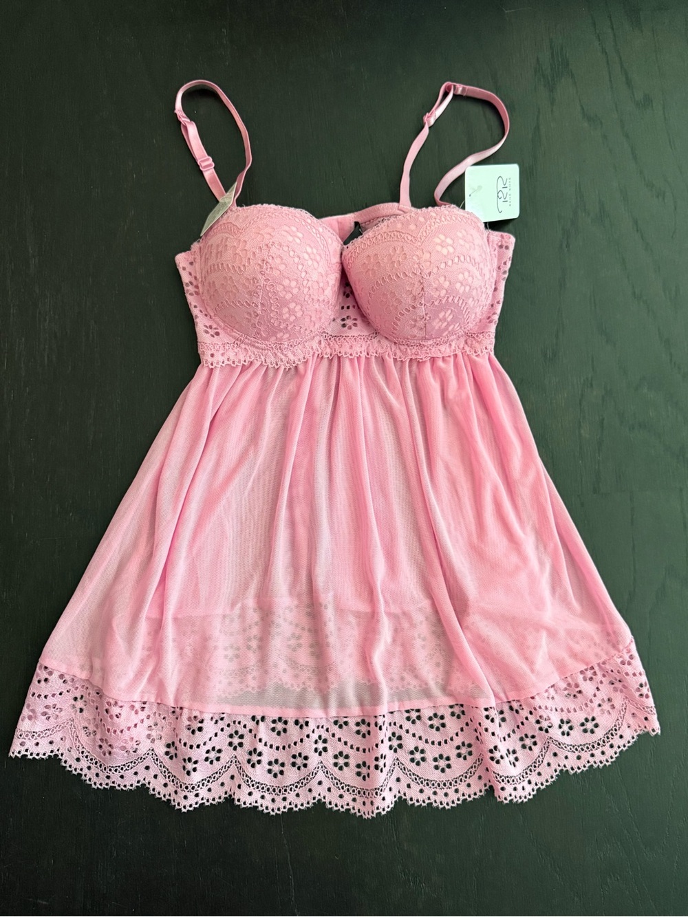 New René Rofe Pink Lace Babydoll Chemise Extreme Push-up Pads Size Small
